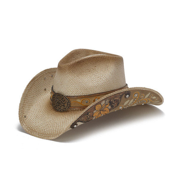 Stampede Hats - Beige Western Hat with Hibiscus Flower and Floral Filigree
