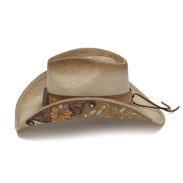 Stampede Hats - Beige Western Hat with Hibiscus Flower and Floral Filigree